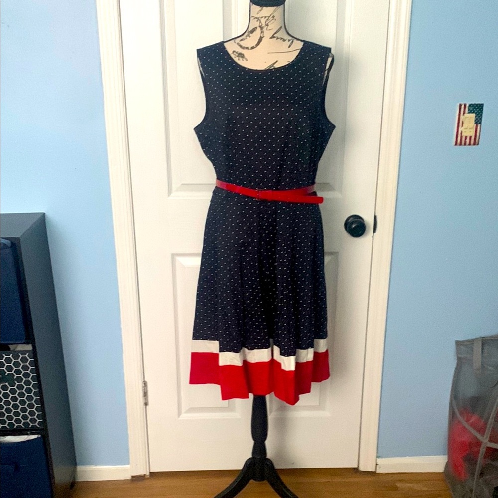 Elegant Navy Polka Dot Dress with Red Accents